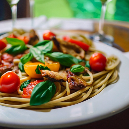 A bowl of pasta showing a whole tomato, spaghetti, an orange pepper and uncooked spinach