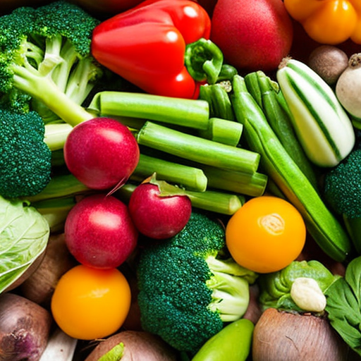a selection of fruit and vegetables including broccilli, peppers, tomatoes, celery, onions and garlic